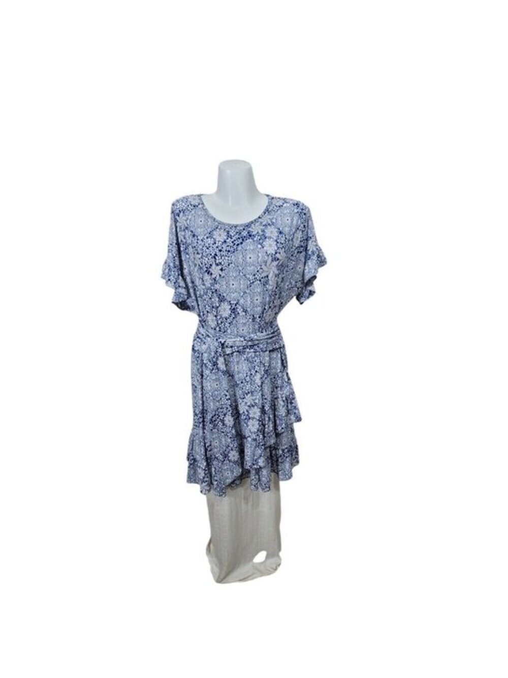 Michael Kors Blue White Print Belted Layered Ruffle Dress XXL - Picture 5 of 10